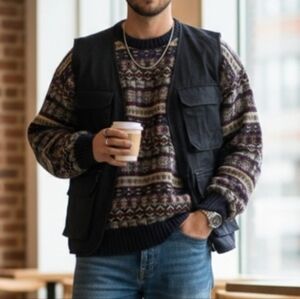 Men's Vtg Stone Haven Hemp Cotton Knit Sweater Mens Medium Fair Isle Nordic Gran